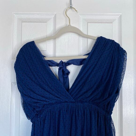 ANTHROPOLOGIE V-Neck Tulle Blouse Navy Blue Bow Size Small Dainty Chic Polka Dot - Picture 5 of 8